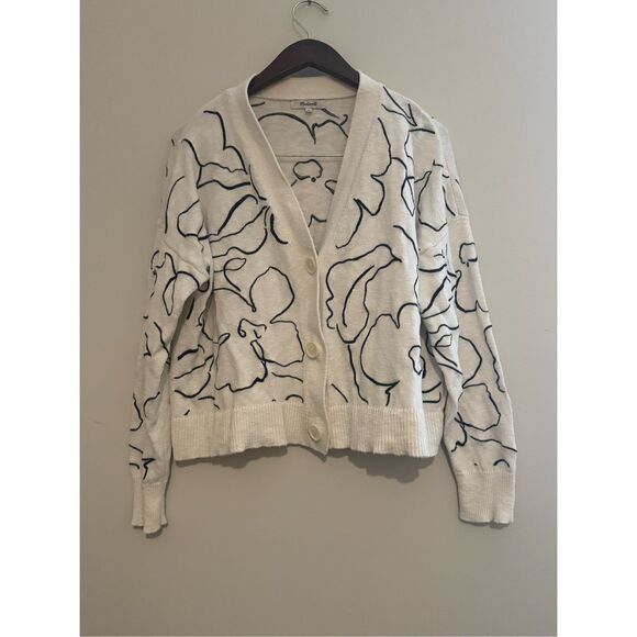 Madewell Embroidered Button Cardigan Sweater -Medium- white and Navy LIKE NEW - Picture 1 of 9